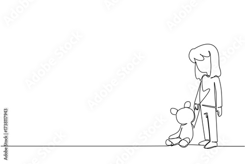 Continuous one line drawing a girl standing and looking down dejectedly holding a teddy bear. Leaving deep trauma. Abuse. National Missing of Children Day. Single line draw design vector illustration