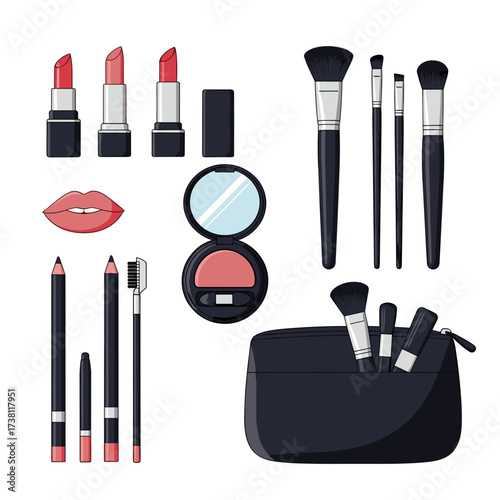 A collection of diverse cosmetic items including lipsticks makeup brushes and a makeup bag for beauty routines.
