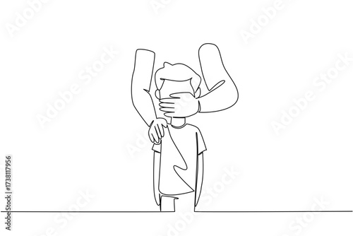 Single one line drawing mouth of a boy covered by an adult from behind. Child kidnapping. Body organs will be sold. Crime. National Missing of Children Day. Continuous line design graphic illustration