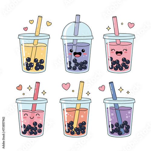Cute kawaii bubble tea drinks with happy faces and hearts.