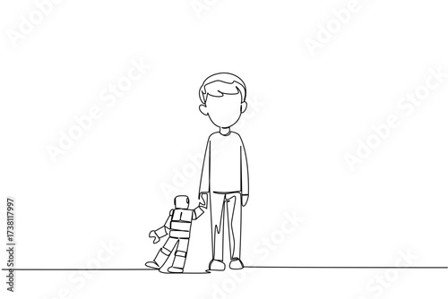 Single one line drawing a boy stands and looks down dejectedly holding a robot. Failed human trafficking. Trauma. Abuse. National Missing of Children Day. Continuous line design graphic illustration