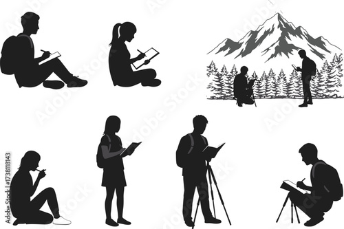 Outdoor learning silhouette, nature observation, reading and writing activity, educational exploration, backpack students, sketching scene, black vector art, mountain background