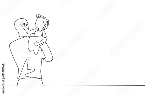 Single continuous line drawing a man carrying a struggling boy. Child kidnapping attempts are on the rise. Increase alertness. National Missing of Children Day. One line design vector illustration