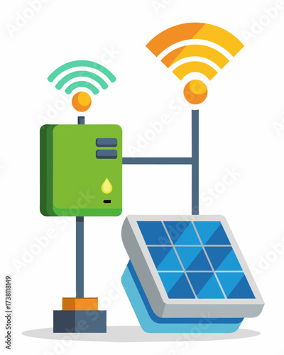 A wireless monitoring device that can be attached to any solar panel providing realtime data on energy production and alerting users of any issues through push notifications.. Vector illustration