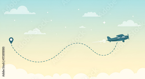 Charming vector illustration of a small plane flying through a pastel sky