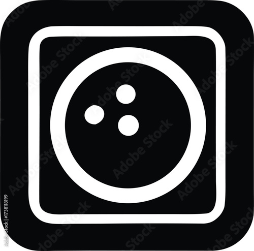 Simple graphic icon depicting a bowling ball with three finger holes inside a rounded square border element