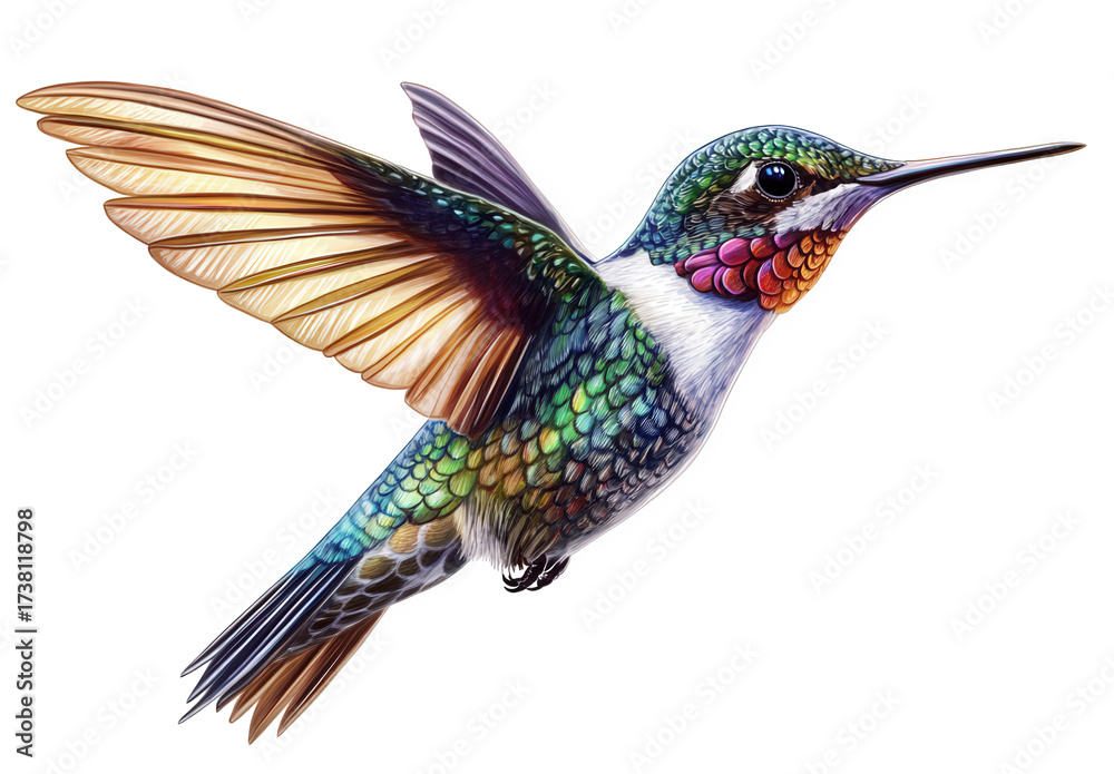 Fototapeta premium A vibrant hummingbird isolated on transparent background, showcasing its iridescent plumage and delicate wings in midflight, capturing the essence of natures beauty