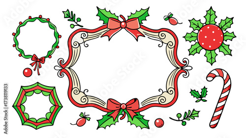 Vintage hand-drawn Christmas border frames with red ribbons, candy canes, whimsical snowflakes and green holly leaves, playful sketch-style vector frame collection on white background (1)