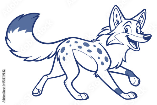 Cartoon Spotted Hyena Running on White Background with Outlined Blue Design