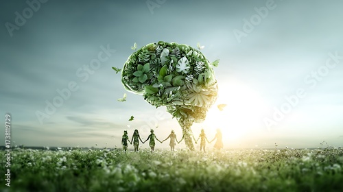 A tree shaped like a human brain with people holding hands around its base in a field of flowers
