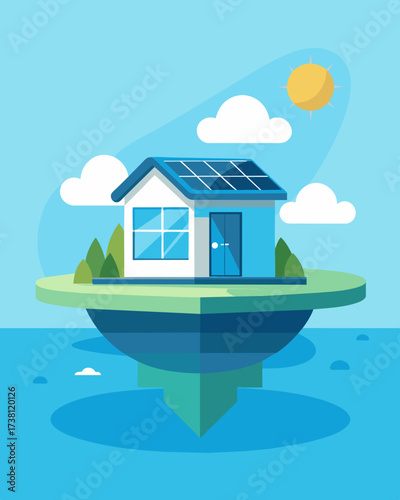 A stateoftheart floating home with a movable roof allowing for easy adjustment of solar panels according to the suns position floating gracefully on a glassy bay.. Vector illustration