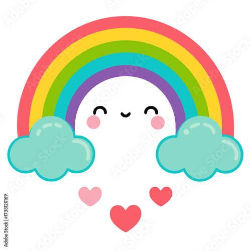 Adorable Rainbow with Smiling Face and Clouds Conveying Joyful and Positive Emotions on White Background