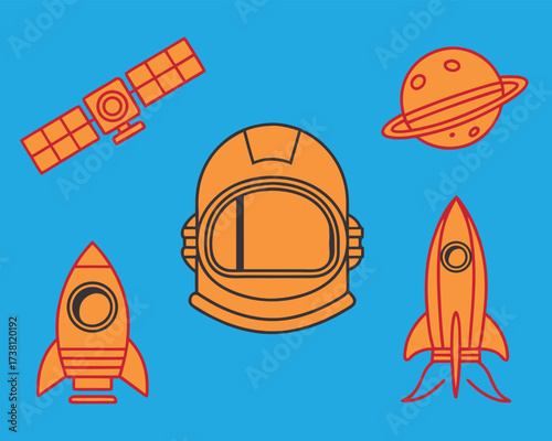 Cartoon illustration of space exploration elements including rockets, a satellite, a ringed planet, and an astronaut helmet on a blue background.