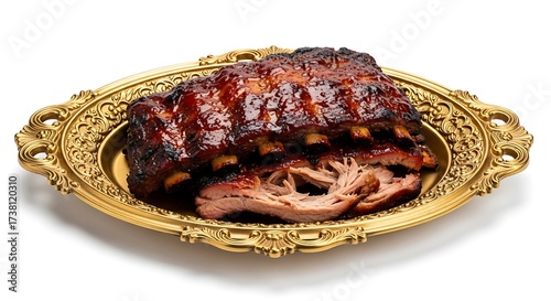 Delicious rack of ribs glazed and roasted served on a decorative ornate platter with a