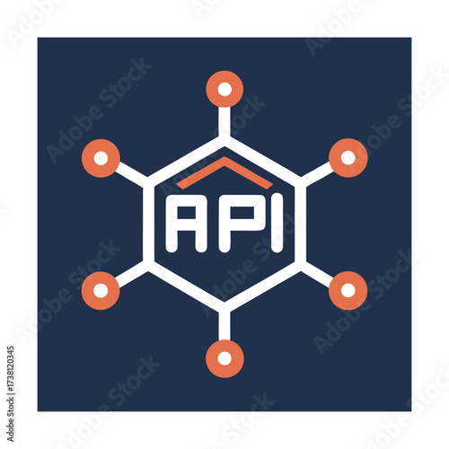 API hexagon icon with surrounding nodes on dark blue square background Keywords: API, application programming interface, connection, network