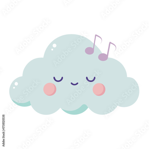 Cute dreamy cloud character with musical notes illustrating peacefulness and a serene atmosphere for relaxation time