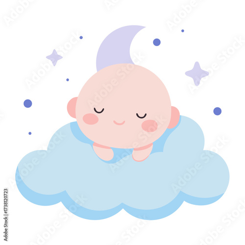 Adorable baby sleeping peacefully on a fluffy cloud illustration under moon and stars