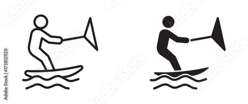 Wakeboarding  icon, a simple human figure standing on a board, holding a tow rope icon , vector illustration .