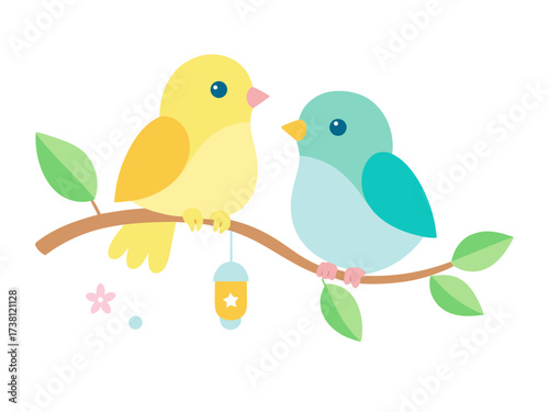 Two Cute Birds Sitting on a Branch with a Lantern in Flat Vector Style Illustration