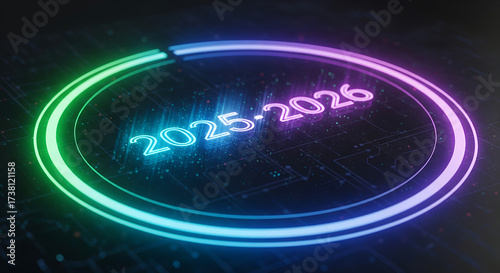 Digital Countdown 2025-2026 Futuristic Loading Circle with Neon Glow Representing Progress and Future Technology