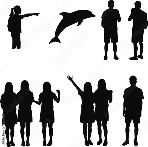 Silhouette people group, dolphin jump, outdoor activity, marine show, waving crowd, tourist scene, black figures, travel moment, aquarium visit, vector art