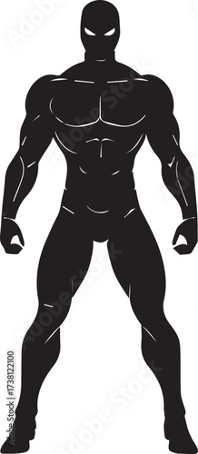 Powerful muscular superhero silhouette standing strong with arms outstretched ready for action against white background