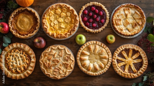 Seven decorative pies with fall garnishes on wooden table