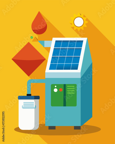 An environmentally friendly ice maker that uses solar energy instead of traditional fossil fuels.. Vector illustration