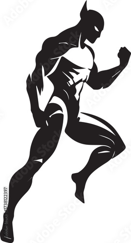 Dynamic silhouette of a muscular superhero in a powerful running pose against a white background