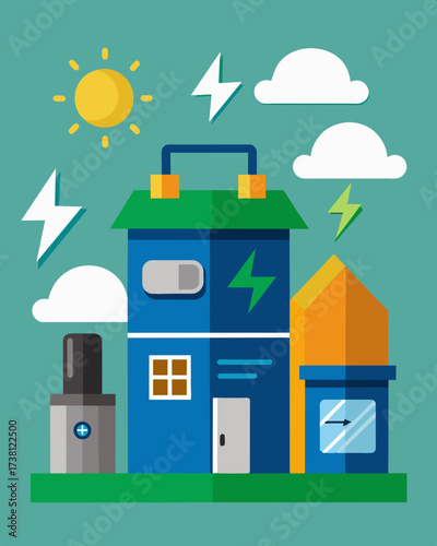 An advanced battery system enabling homes and businesses to become selfsufficient.. Vector illustration