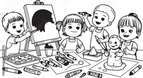 Creative Kids Art Studio: Capturing a playful scene where young artists of all ages, collaborate and express themselves in a vibrant studio, surrounded by canvases, paintbrushes, and colorful crayons.