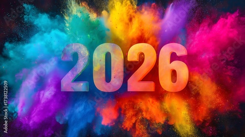 Happy New Year 2026 Typography with Vibrant Color Explosion
