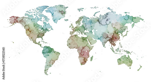 Vibrant watercolor world map artwork creating a beautiful artistic representation of global geography for diverse commercial use