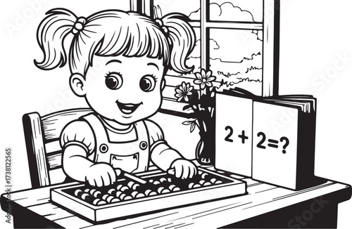 Calculating Child: A young girl engages in early math education with the aid of an abacus, a joyful demonstration of learning in a charming monochrome illustration.