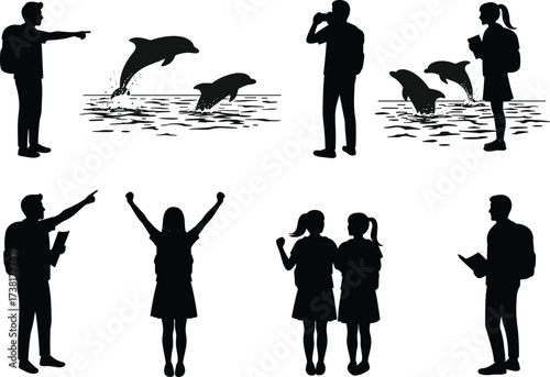 Silhouette people with dolphins, marine life observation, travel scene, black vector figures, outdoor activity, tourist interaction, dolphin show, binoculars, notebook, excitement