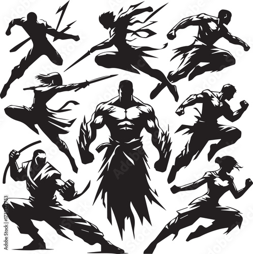 Dynamic silhouettes of martial artists in action poses featuring swords and nunchucks against a white background