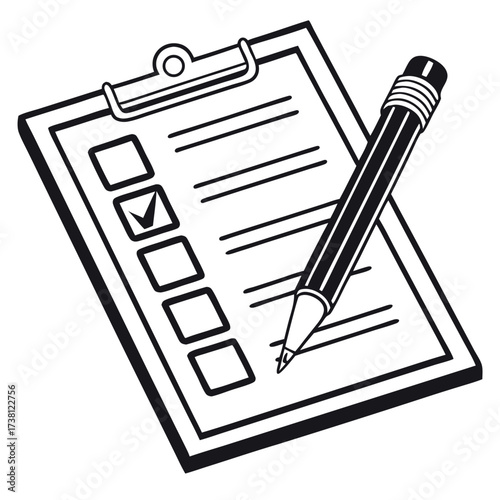 Clipboard with Pencil: The image captures a close-up view of a clipboard with a checklist. A pencil is ready to take notes or create a plan. The elements are depicted in clean lines.