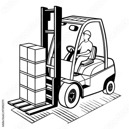 Forklift at Work: A skilled operator navigates a forklift, meticulously transporting a stack of boxes, embodying efficiency and precision in the realm of logistics and material handling. 