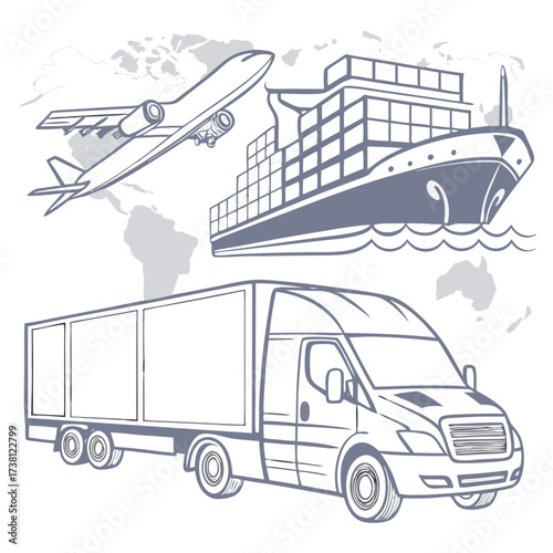 Global Logistics: A stylized illustration of transportation modes – airplane, container ship, and truck – representing the interconnectedness of international shipping and global trade. 