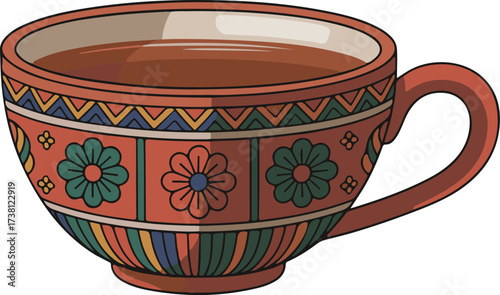 Decorative Tea Cup: A vibrantly illustrated teacup, adorned with intricate floral and geometric patterns, holds steaming tea. The artwork exudes a sense of warmth, comfort, and artistic flair.
