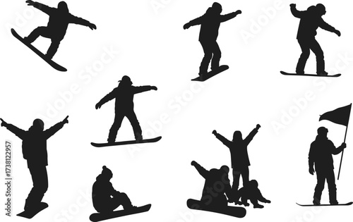 Snowboarding silhouettes, winter sport poses, snowboarders jumping, sitting, standing, celebrating, vector illustration, black figures, outdoor activity, extreme sport, athlete icons