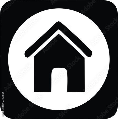 Simple black and white icon representing a house within a circle with rounded square background for website or app navigation