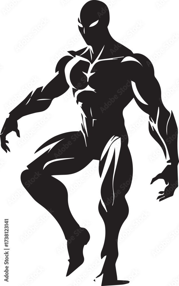 Fototapeta premium Powerful muscular silhouette of a superhero or bodybuilder in dynamic action pose against a white background