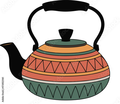 Decorative Kettle: A charming decorative kettle features a vibrant, intricate pattern on its surface. A symbol of comfort, warmth, and the simple pleasures of life.