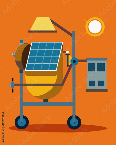 A specialized solarpowered cement mixer creating a steady flow of building material for the workers to use.. Vector illustration