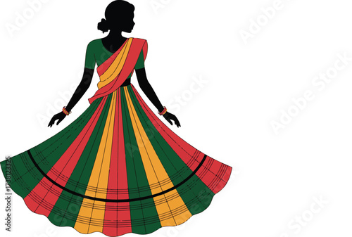 Elegance in Silhouette: A striking illustration captures a woman in graceful traditional attire. This silhouette captures an image of elegance and beauty. 