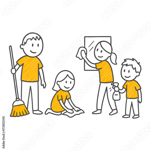 Cleaning and care moments carried out with a community spirit warmly and effectively convey shared responsibility, dedication, and the effort to maintain everyday order.