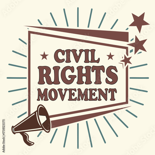 Retro civil rights movement graphic isolated on white background featuring a megaphone, stars, and bold typography elements