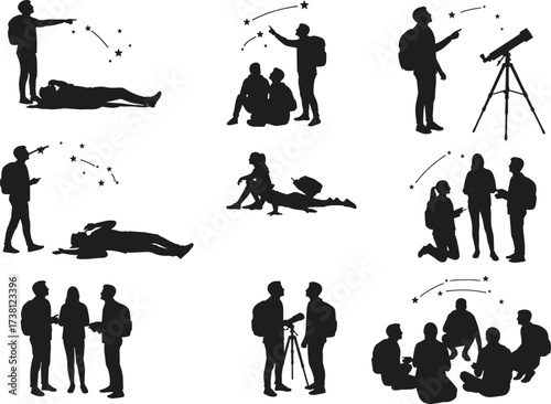 Stargazing silhouettes, constellation watching, telescope use, night sky observation, astronomy activity, black vector figures, outdoor science, backpack travelers, cosmic exploration, group learning