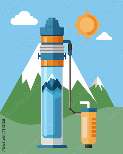 A portable water filter straw powered by solar energy perfect for hikers and travelers in remote locations.. Vector illustration